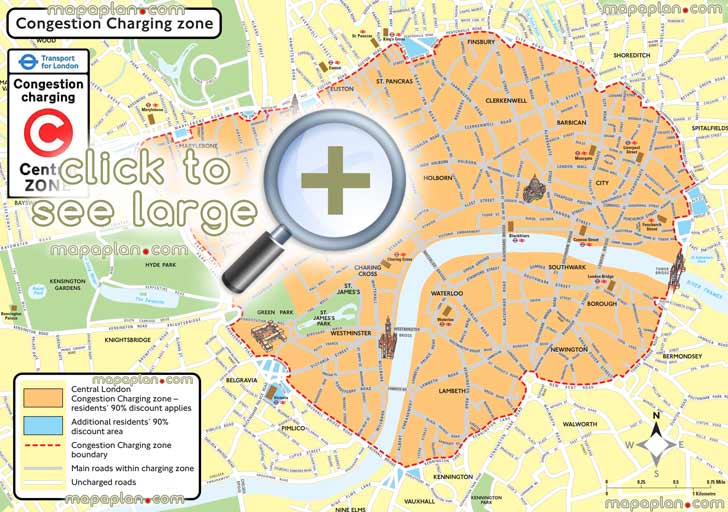 london congestion charge zone area boundary sign driving guide navigation directions avoid payings London Top tourist attractions map