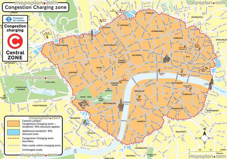 London congestion charge zone area boundary sign driving guide navigation directions avoid payings London Top tourist attractions map