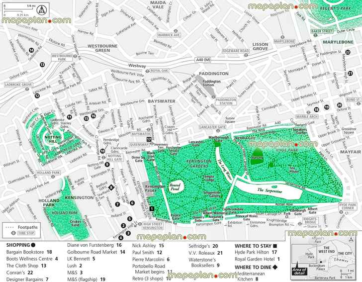 kensington notting hill marylebone shopping accommodation restaurantss London Top tourist attractions map