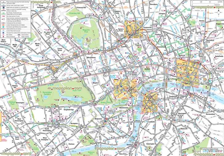 detailed central London england bus tube public transportation network a3 a4 hd printable quality large scale sizes London Top tourist attractions map