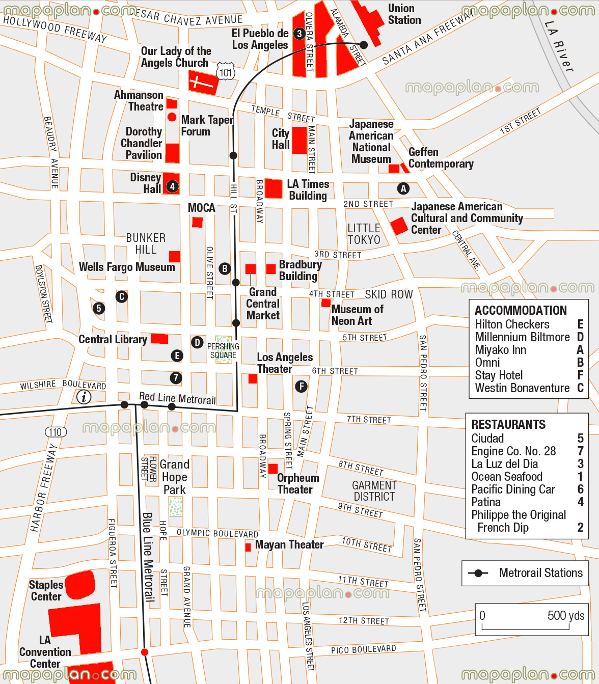 downtown tourist guide local metrorail stations overlay hotels restaurants hilton checkers millennium biltmore miyako inn omni stay westin bonaventure ciudad la luz del dia ocean seafood pacific dining car patina philippe original french dip el pueblo union stations Los Angeles top tourist attractions map