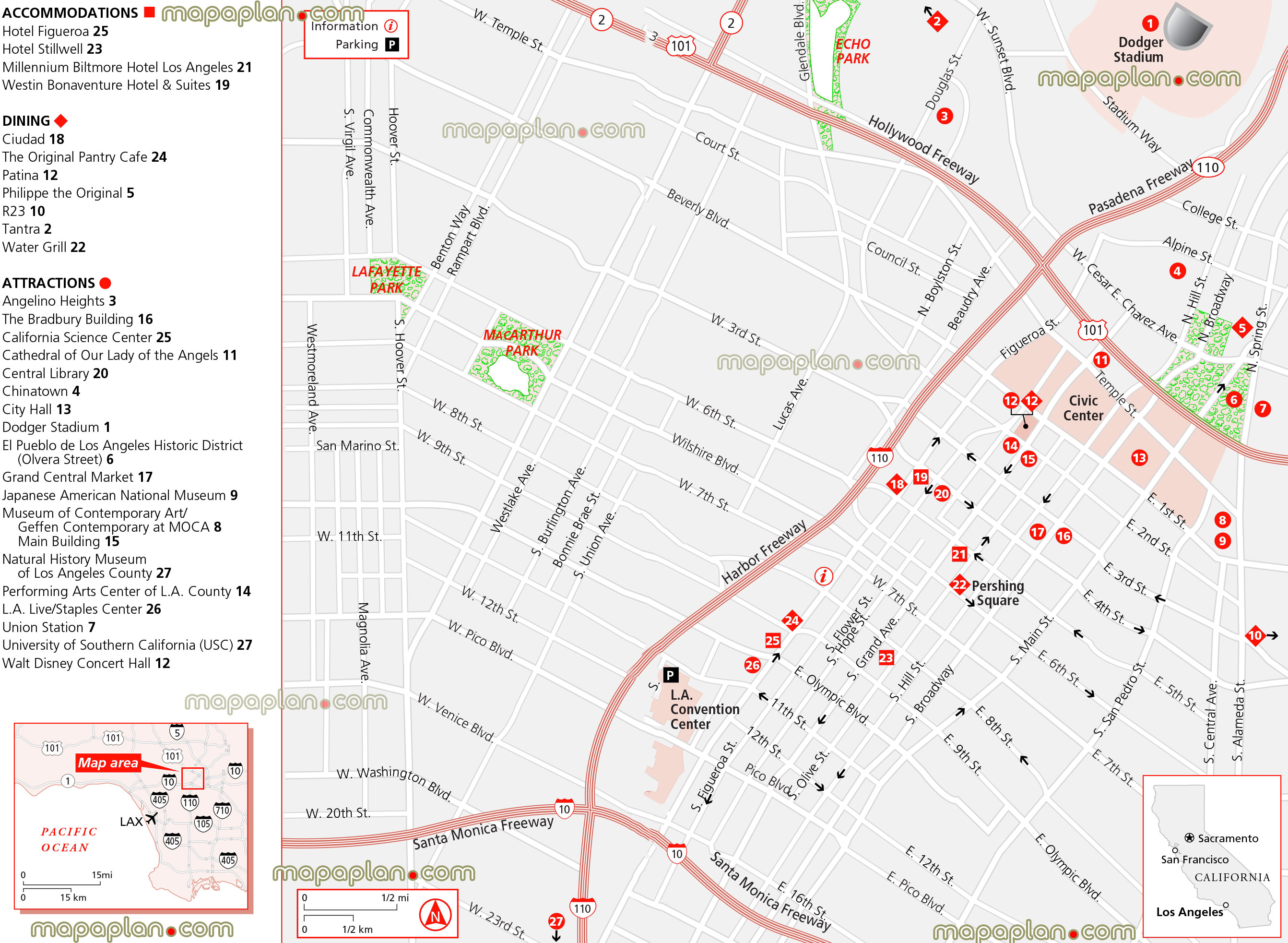 downtown hotels restaurant dining california science center el pueblo olvera street natural history museum walt disney concert hall la live city hall figueroa stillwell millennium biltmore westin bonaventure ciudad patina r23 tantras Los Angeles top tourist attractions map