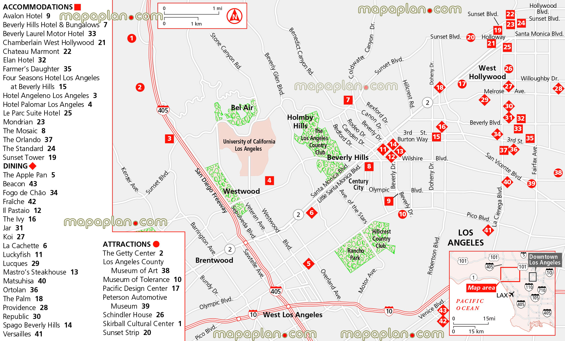 beverly hills westside list hotel accommodation dining getty center la county museum art peterson automotive sunset strip rodeo drive avalon laurel motor chamberlain chateau elan farmers daughter four seasons angelano mondrian apple pan ivy koi ortolan versailles spagos Los Angeles top tourist attractions map