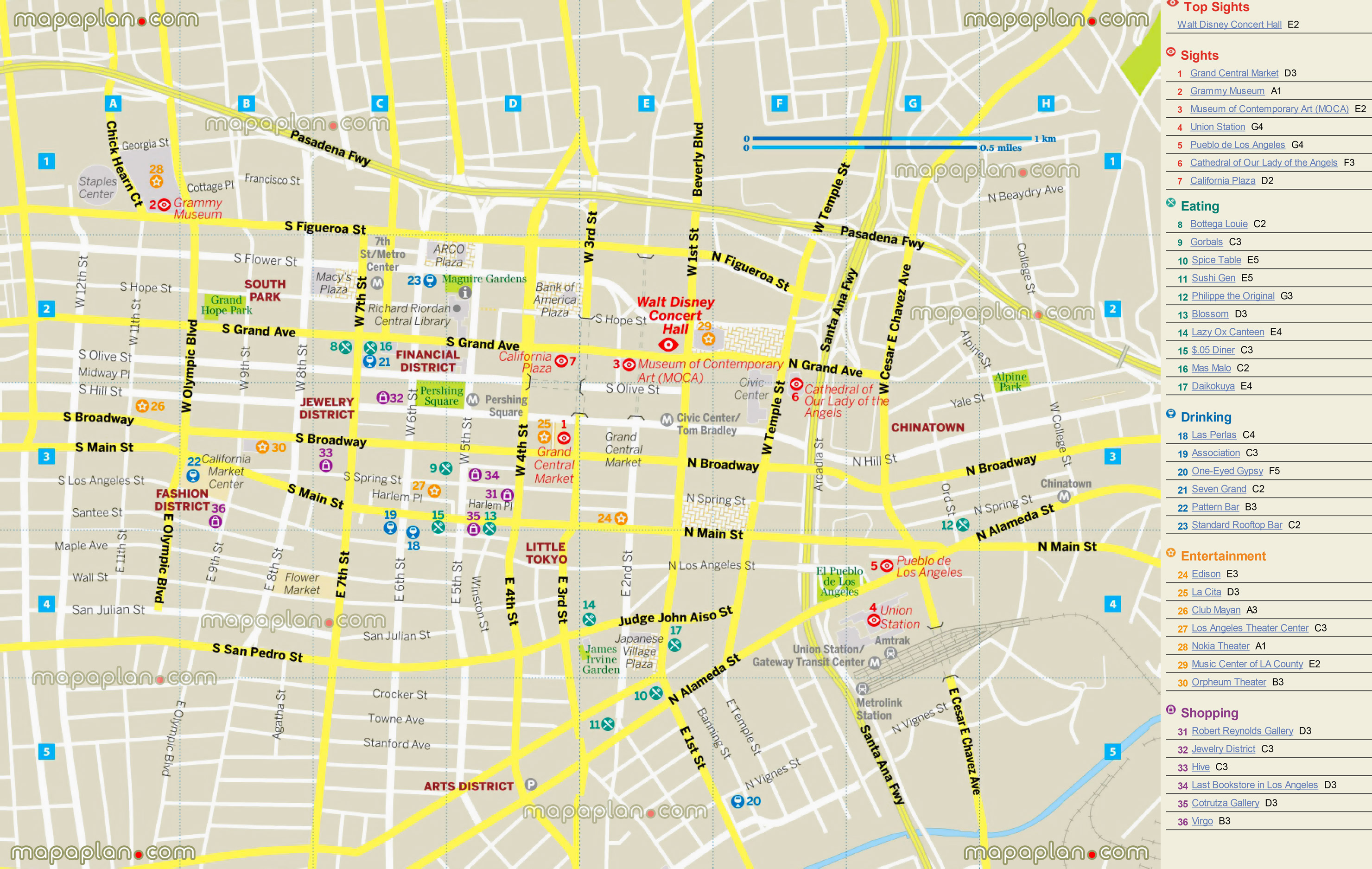 downtown directions plan el pueblo plaza historic town square district good restaurants nightlife clubs entertainment theaters new shopping malls shops outlets centers walt disney concert hall grammy museum moca union station california plaza grand central markets Los Angeles top tourist attractions map