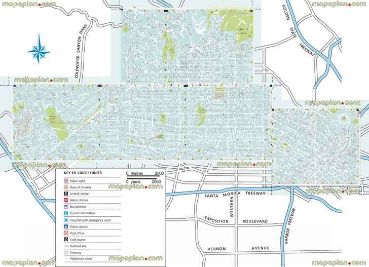 large scale printable street names places interest santa monica west sunset boulevard mulholland drive runyon canyon park olympic music center union station melrose avenue hollywood memorial park dodger stadium lacma freewayss Los Angeles top tourist attractions map