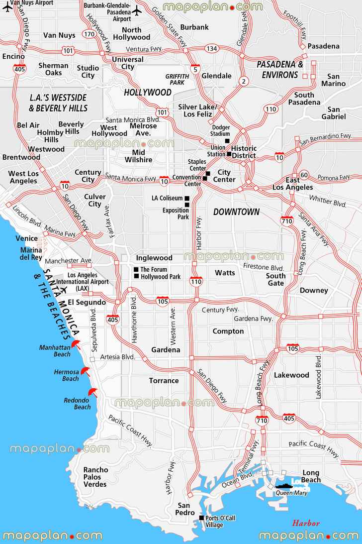 central la neighborhood districts beaches things do places long beach queen mary lakewood compton inglewood forum watts el segundo santa monica beach venice century city mid wilshire westside pasadena environs burbank freeways union station universals Los Angeles top tourist attractions map