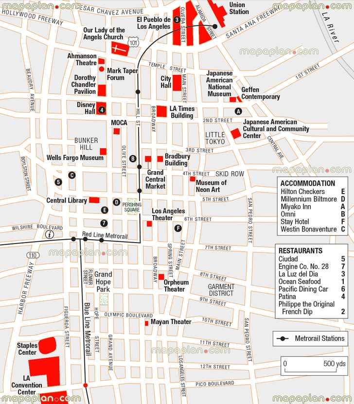 downtown tourist guide local metrorail stations overlay hotels restaurants hilton checkers millennium biltmore miyako inn omni stay westin bonaventure ciudad la luz del dia ocean seafood pacific dining car patina philippe original french dip el pueblo union stations Los Angeles top tourist attractions map