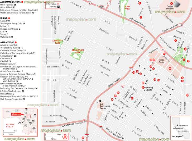 downtown hotels restaurant dining california science center el pueblo olvera street natural history museum walt disney concert hall la live city hall figueroa stillwell millennium biltmore westin bonaventure ciudad patina r23 tantras Los Angeles top tourist attractions map