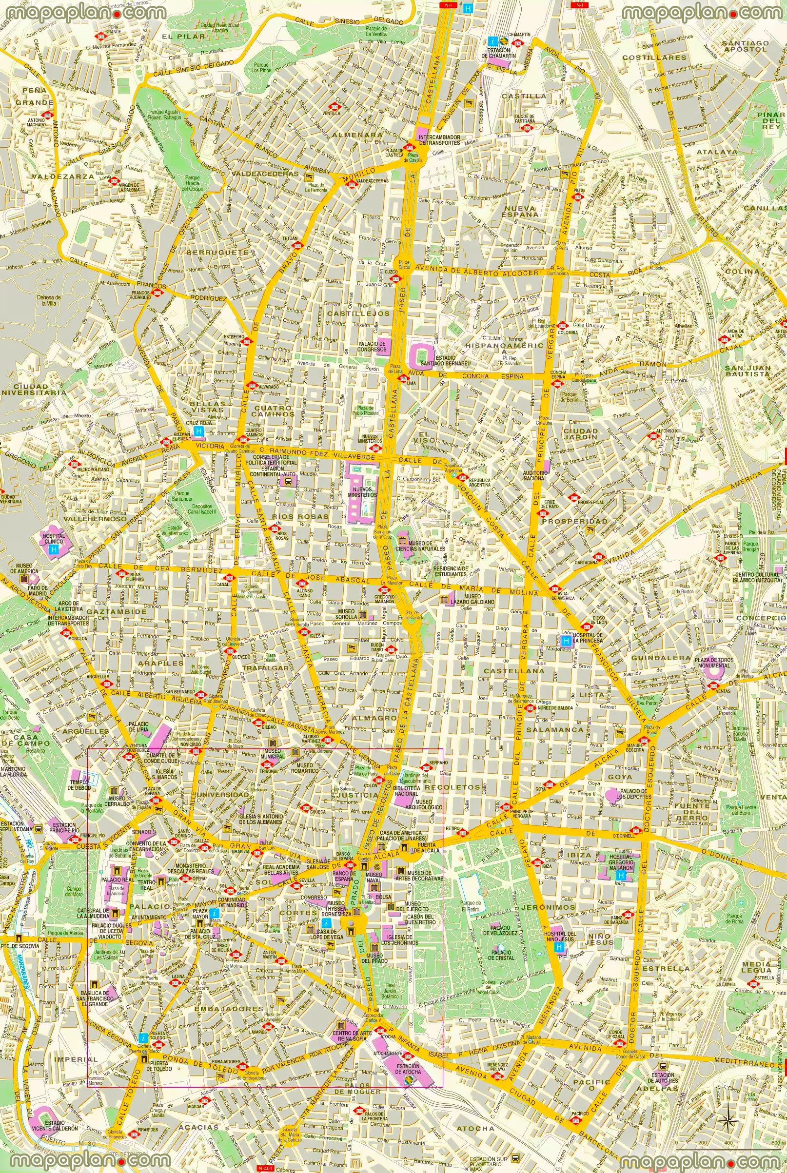 Madrid highlights detailed famous sites explore santiago bernabeu stadiums Madrid Top tourist attractions map