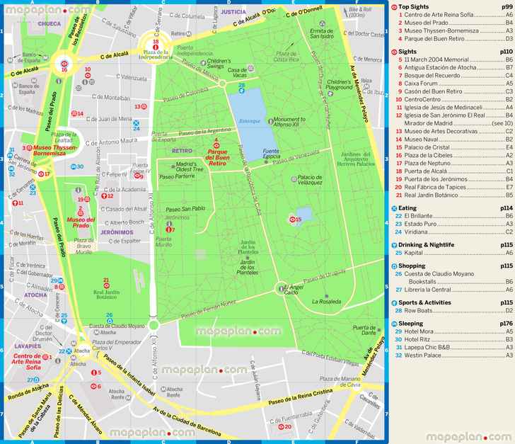 paseo del prado parque del buen retiro detailed maps Madrid Top tourist attractions map