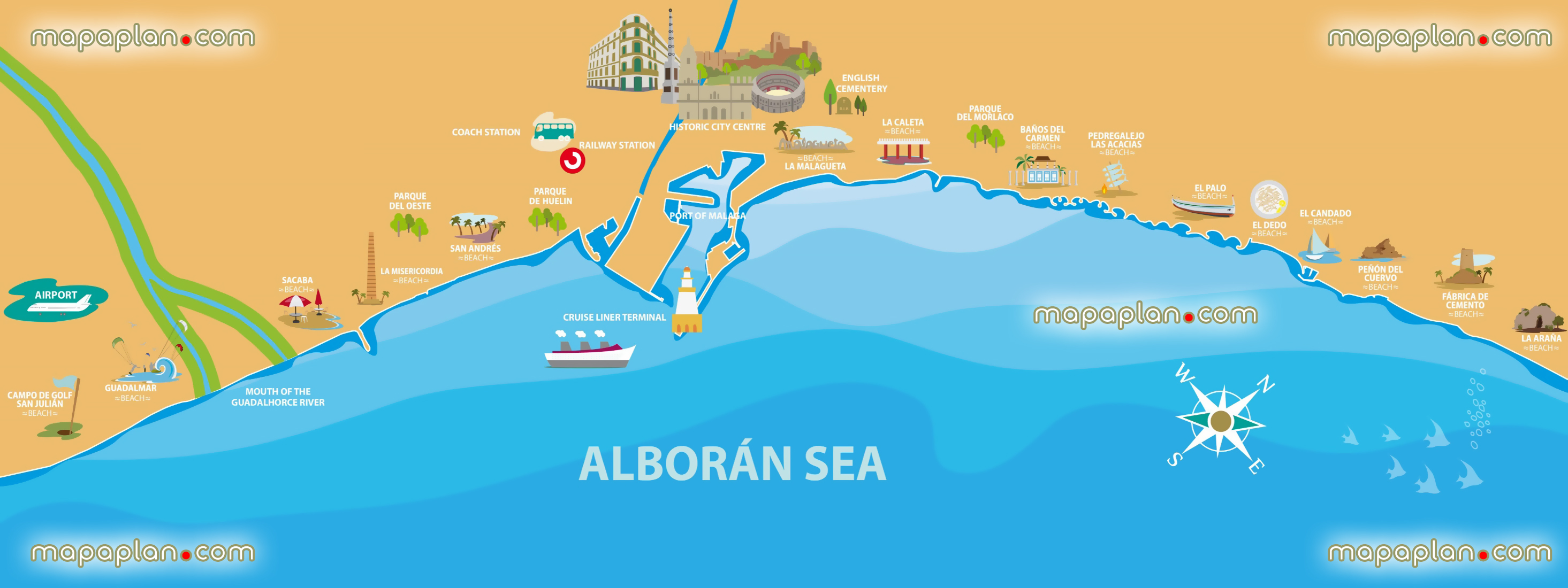 malaga beach detailed itinerary popout interactive historical places what see where go directions interesting things do illustrated children family english metro region historic city centre port railway coach station aiport