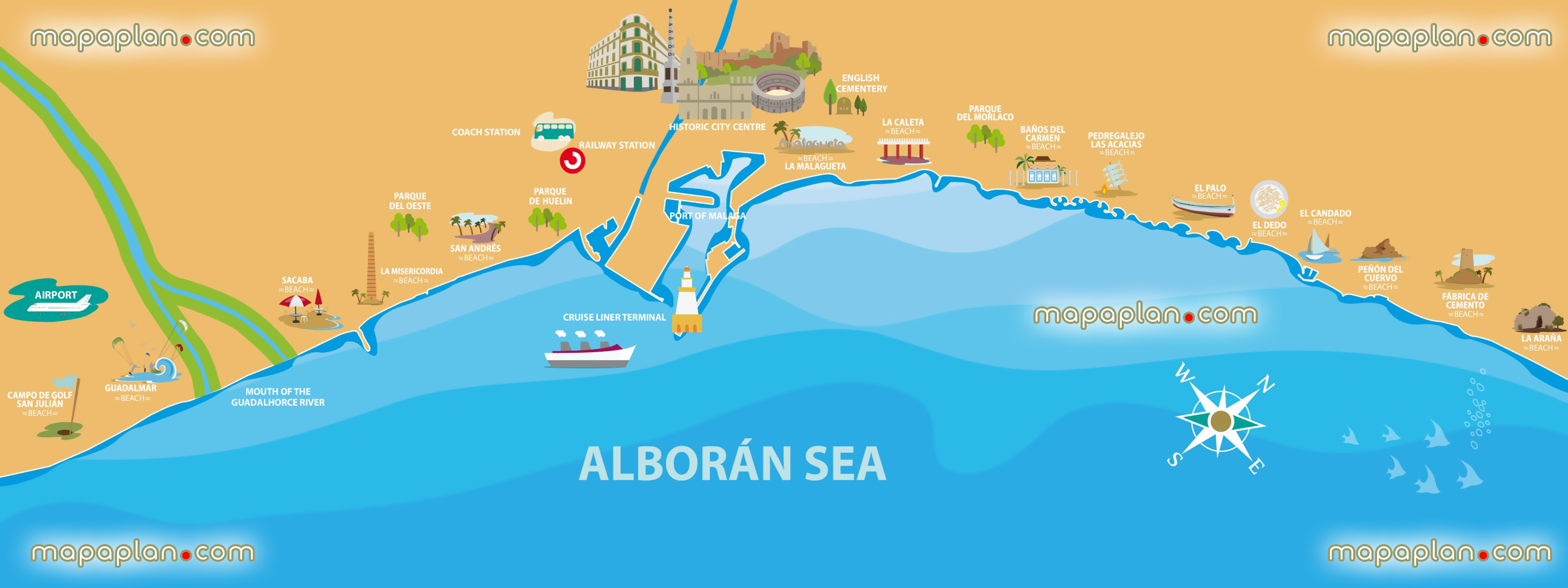 Malaga beach detailed itinerary popout interactive historical places what see where go directions interesting things do illustrated children family english metro region historic city centre port railway coach station aiport