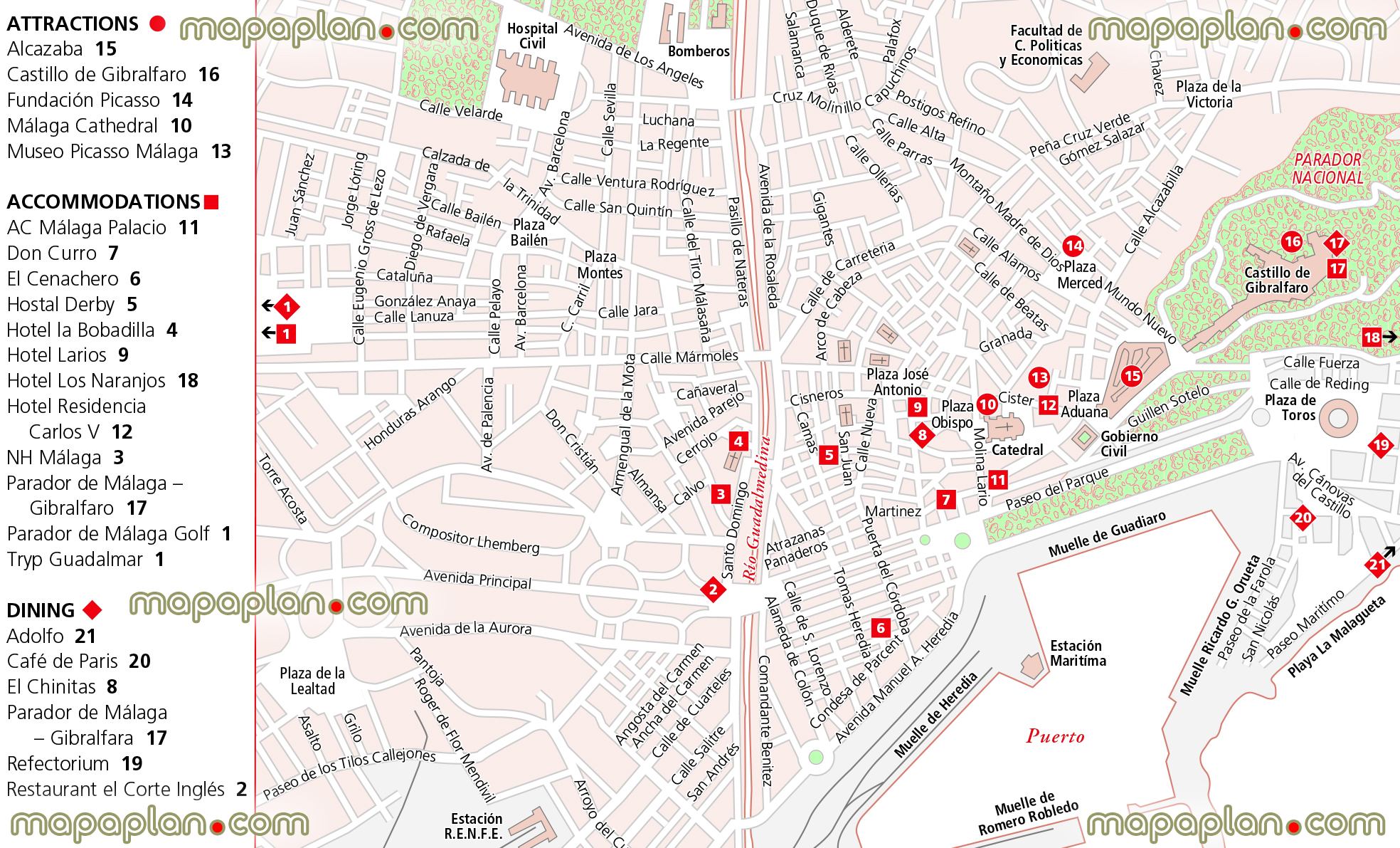 Malaga area detailed restaurants hotels free printable distances walking directions interesting sights simple easy navigate diagram holiday top points interest central district neighourhood orientation