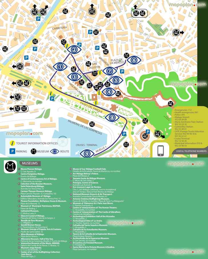 Malaga picasso museum spain downloadable tourist guide visitors simple outline neighborhoods districts roads must see places free download layout plan