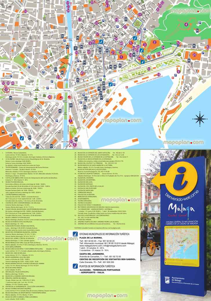 Malaga detailed printable download tourist information city ciudad centre sightseeing old town tour poster guide itinerary planner layout best things do favourite attractions points interest visit tourists