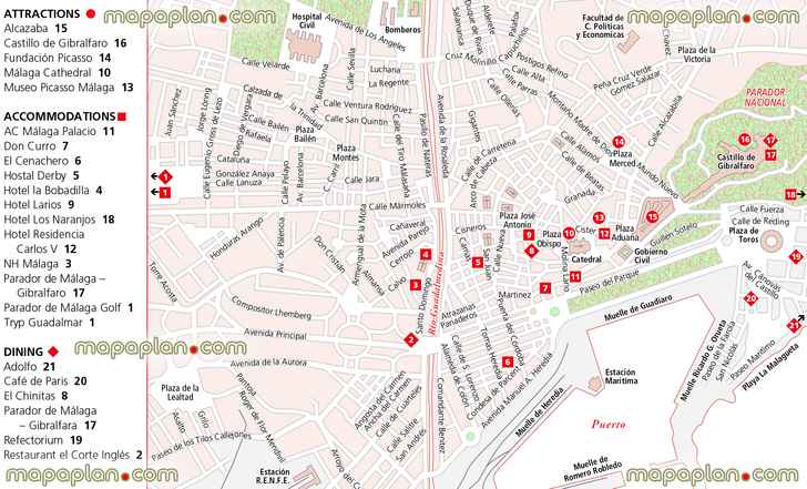 Malaga area detailed restaurants hotels free printable distances walking directions interesting sights simple easy navigate diagram holiday top points interest central district neighourhood orientation