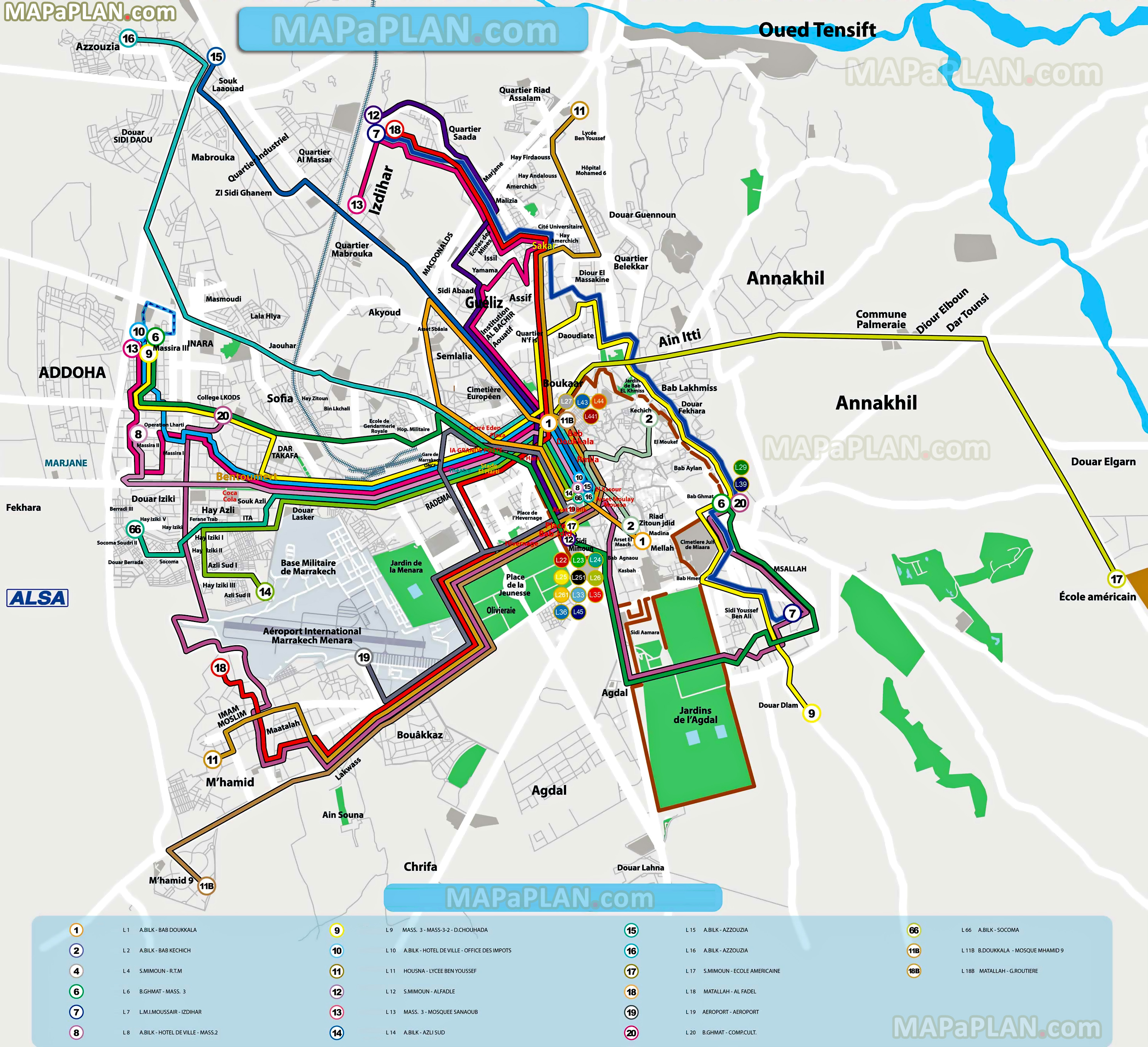 local bus routes lines stops public transport alsa network system menara airport railway Marrakech top tourist attractions map
