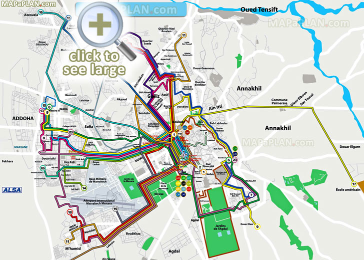 local bus routes lines stops public transport alsa network system menara airport railway Marrakech top tourist attractions map