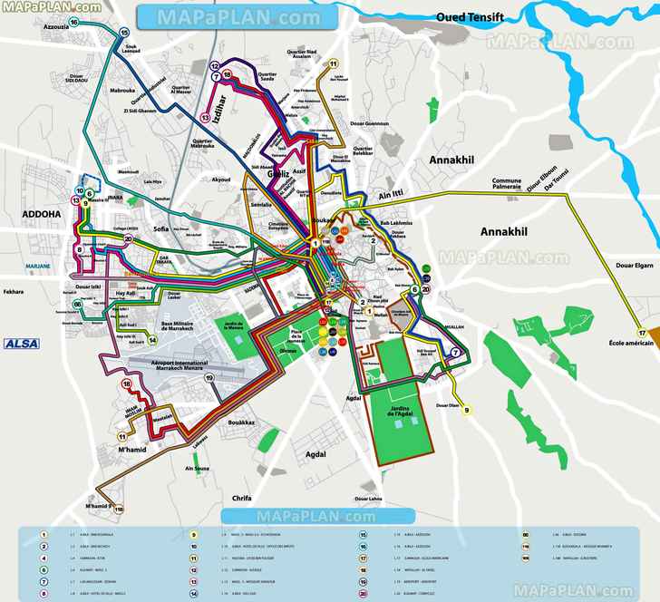 local bus routes lines stops public transport alsa network system menara airport railway Marrakech top tourist attractions map