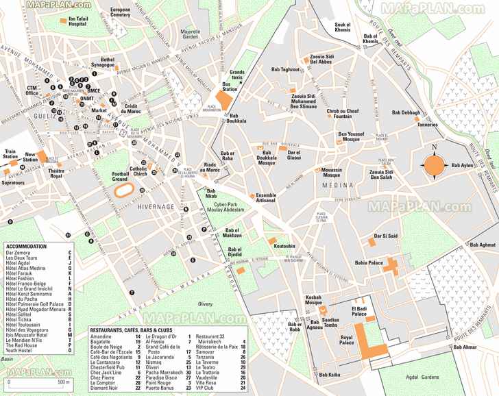 most popular hotels restaurants cafes bars clubs buildings areas ctm office bab doukkala Marrakech top tourist attractions map