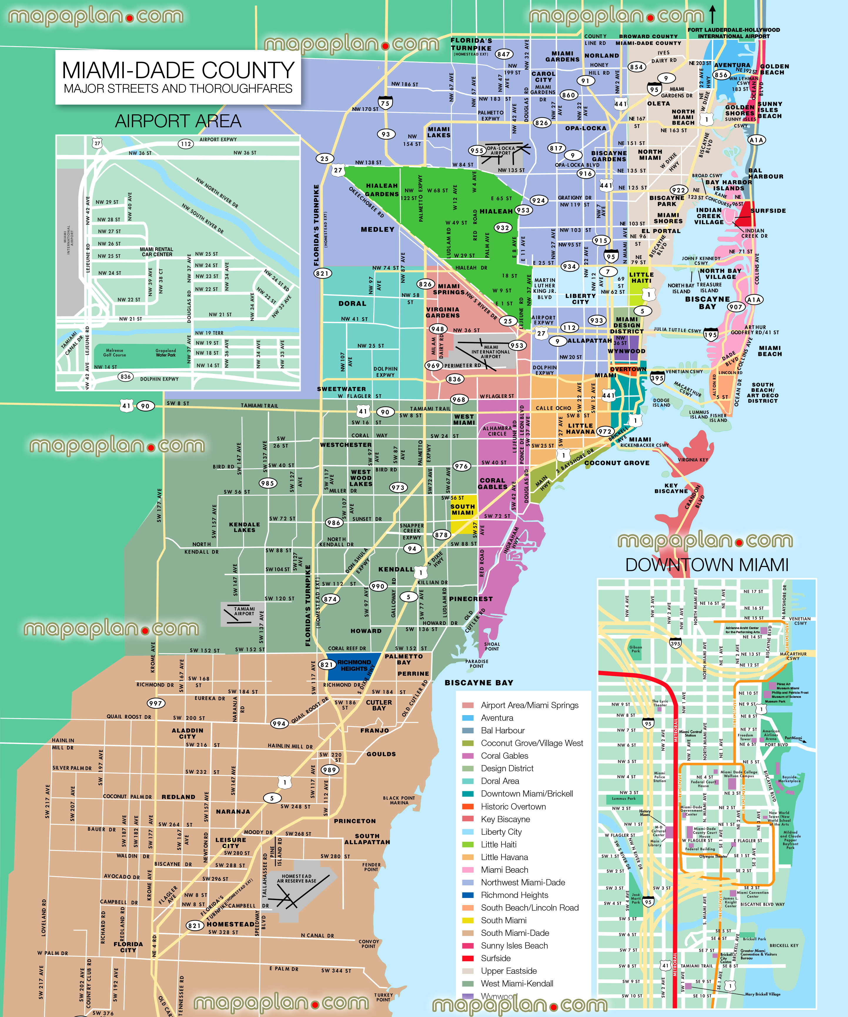 Miami dade county districts streets historic city centre port railway coach stations airport high detail pdf poster plan great spots best must see sights detailed view orientation navigation directions