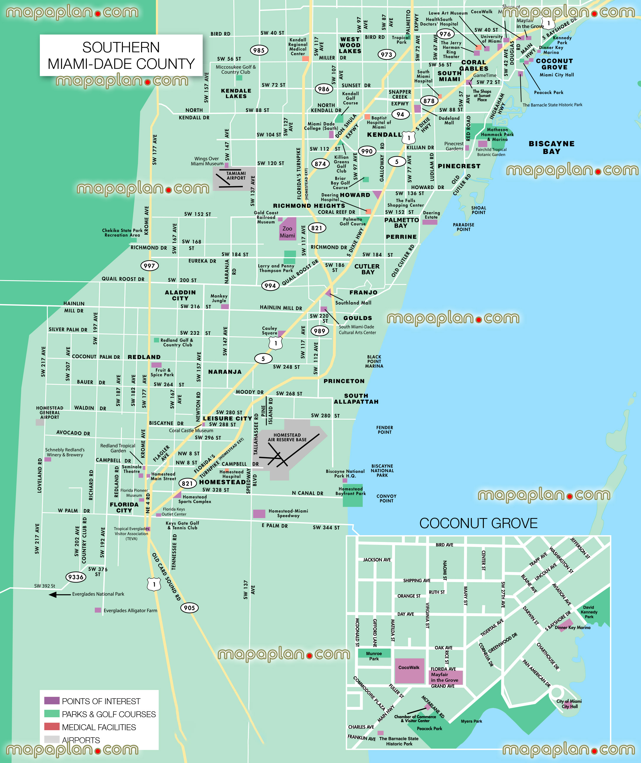 southern Miami dade county coconut grove central Miami free public transportation visitors 3d virtual interactive printable information plan download downtown destinations main points interest transport museums landmarks destinations