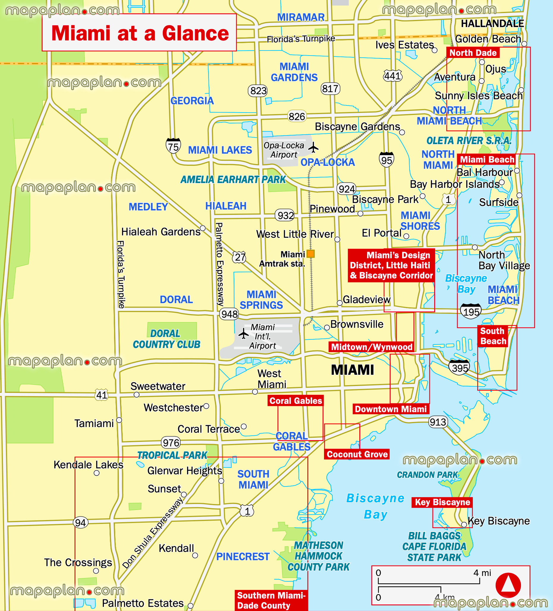 Miami city districts plan location south beach downtown coconut grove key biscayne midtown wynwood mia Miami international airport interactive virtual city centre directions sightseeing places best sights destinations visit