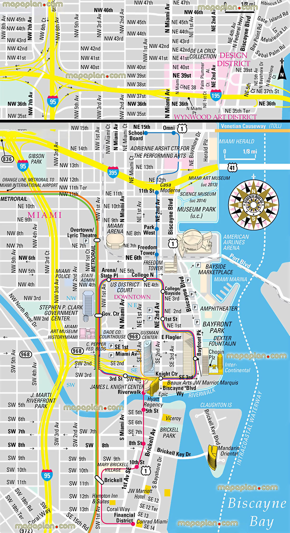 Miami downtown design district area detailed orientation central metrorail metromover stations central district neighourhood orientation public transportation rail train station terminal routes detailed famous sites explore