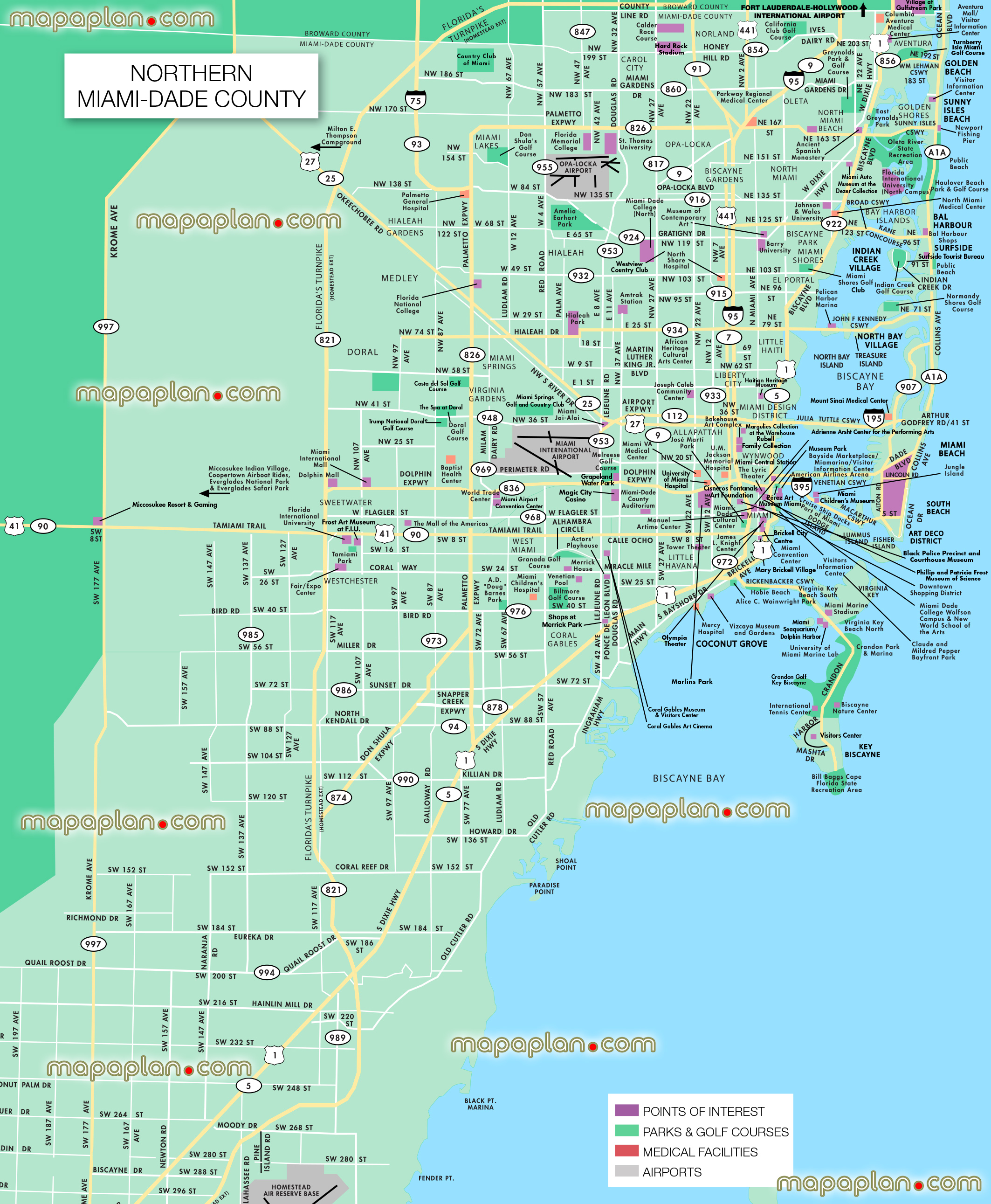 northern Miami dade county detailed south beach airport Miami city centre printable street complete full hd guide english sights hotels restaurants tourist information tourism office visitors 3d virtual interactive information plan main points interest popular places museums landmarks