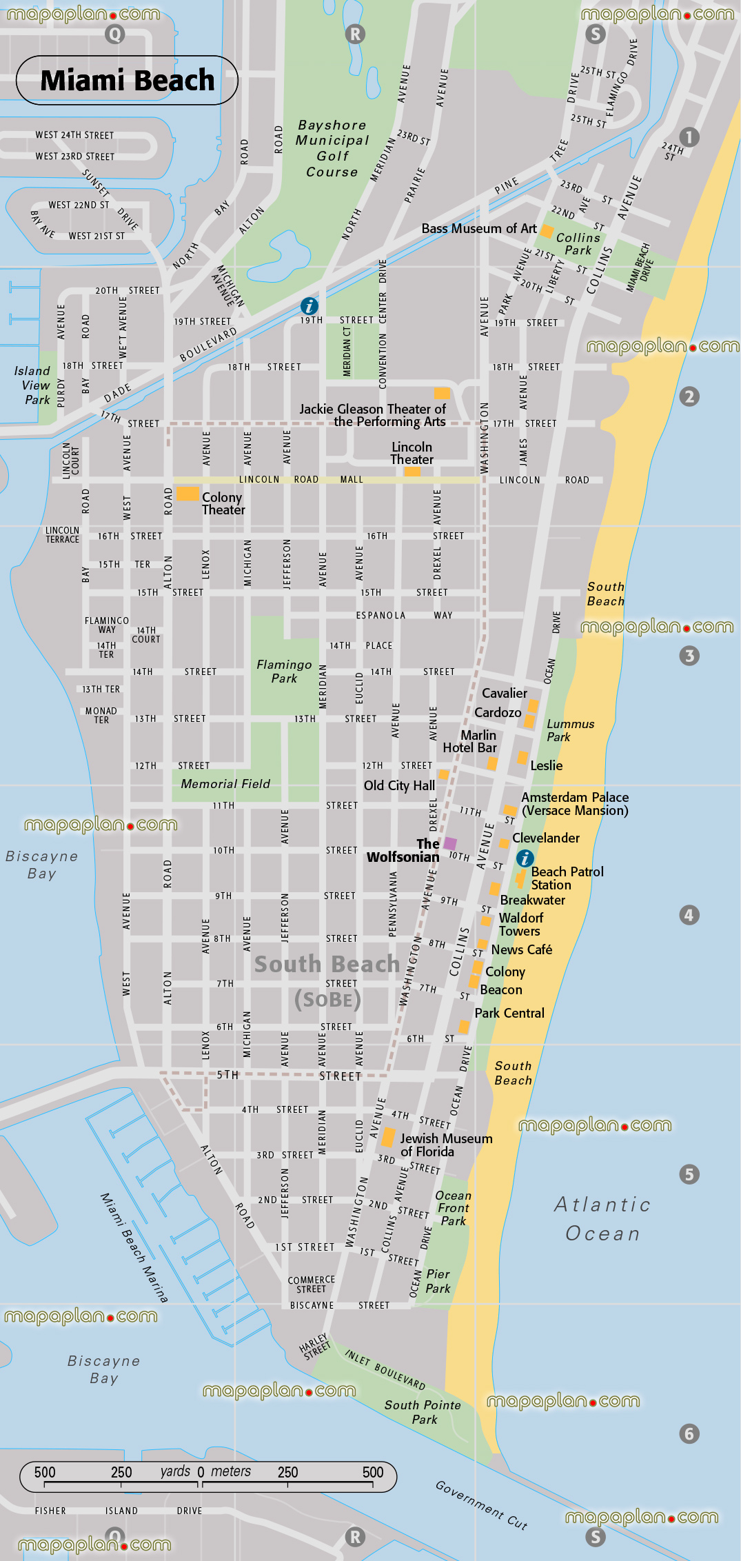 Miami sobe south beach ocean drive art deco hotels detailed road around central areas driving directions famous points interest printable detailed travel visitors itinerary planner best places visit