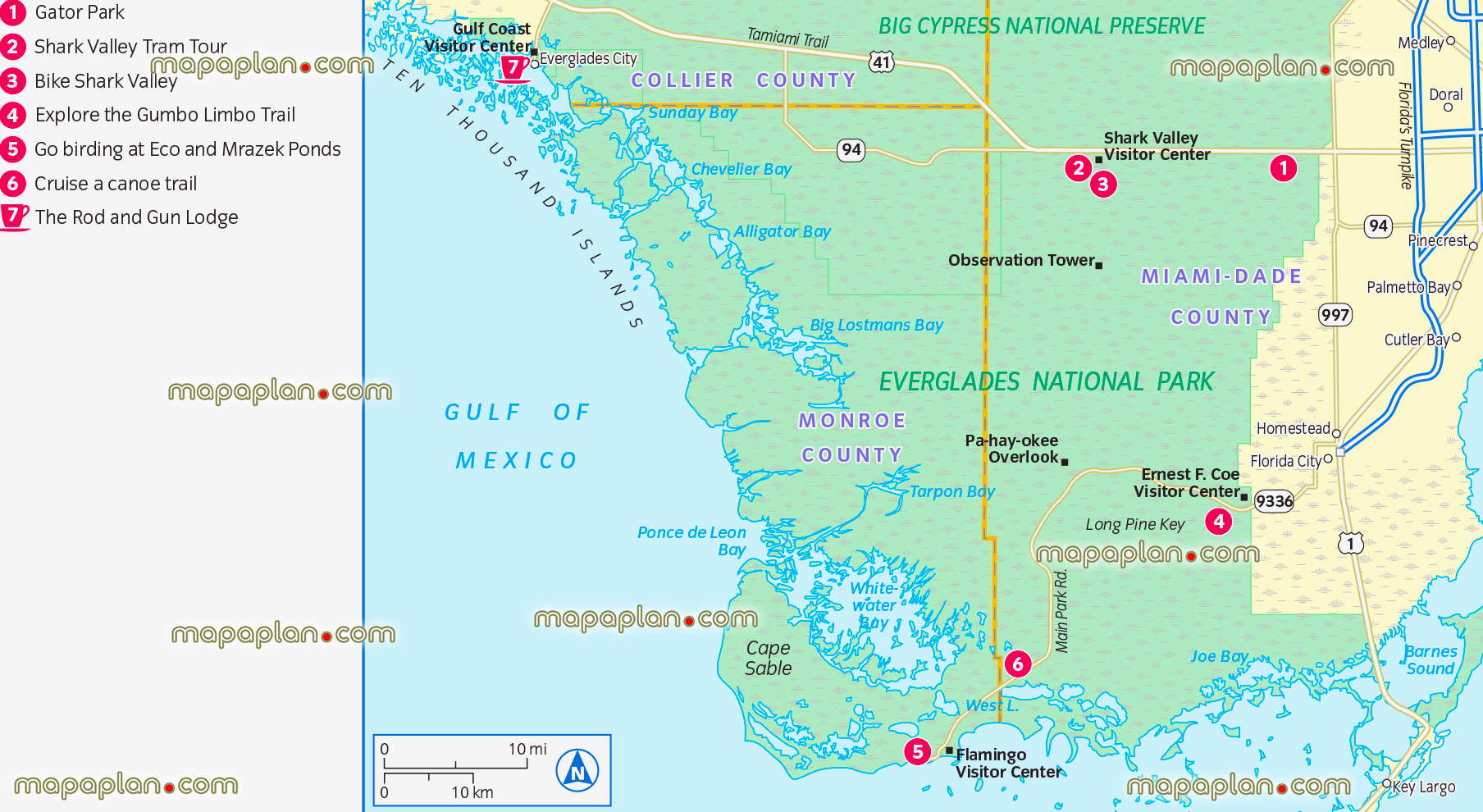 florida everglades national park detailed gator park shark valley tram tour gumbo limbo trail eco mrazek ponds canoe trail south florida Miami greater metropolitan area downloadable city break historical natural places visit plan neighbourhoods main locations visit