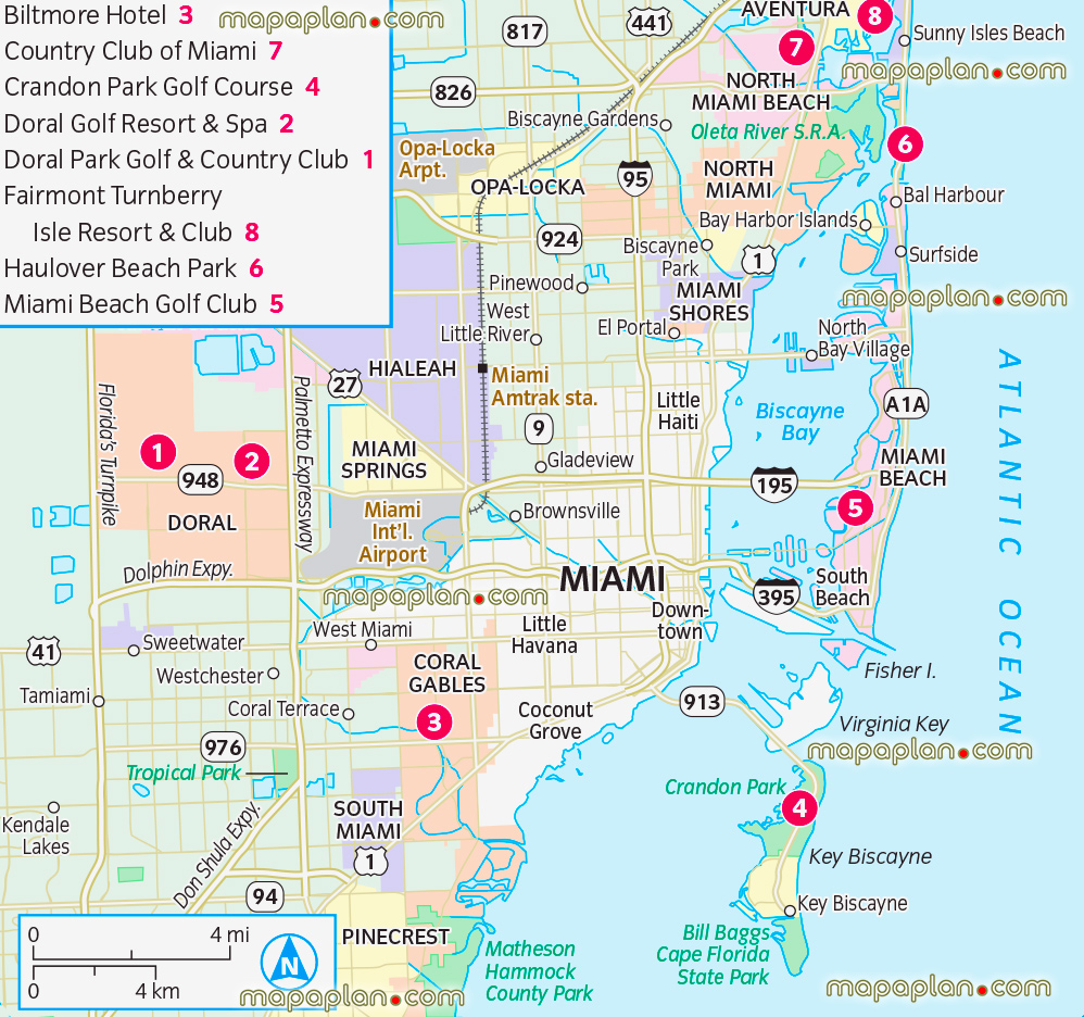 Miami fl golf courses country clubs crandon doral park haulover beach visitor tour guide main districts neighbourhoods mapped a large scale plan