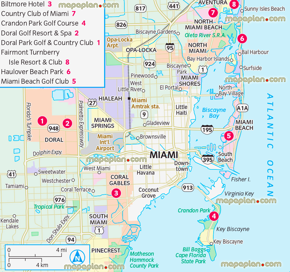 Miami top tourist attractions map Miami, FL golf courses map showing