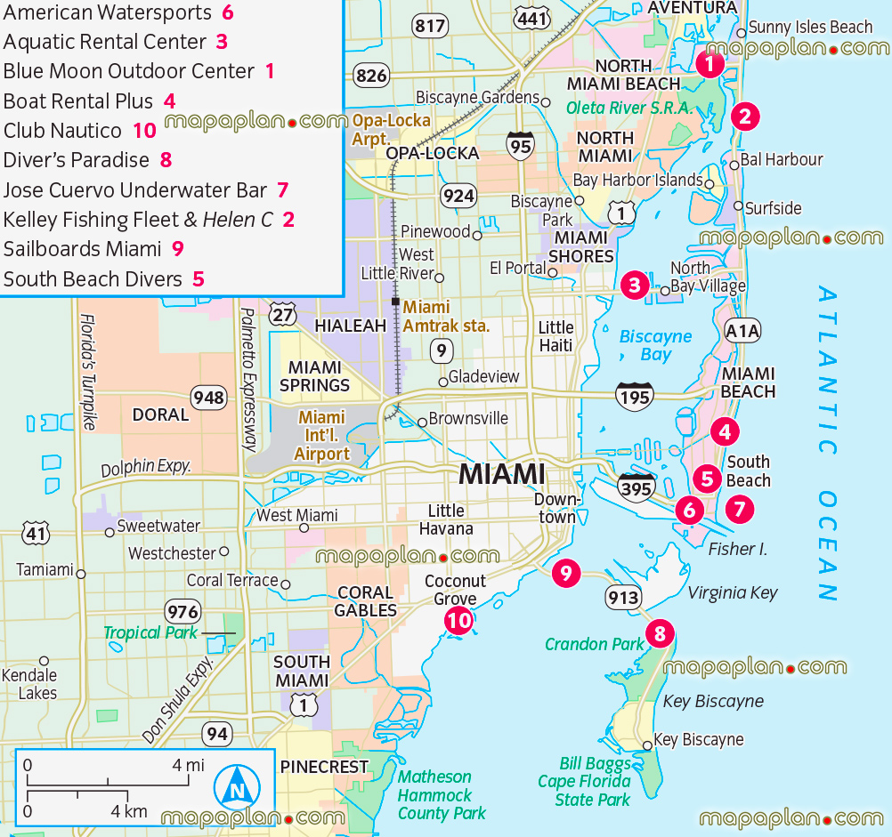 Miami outdoors watersports american divers aquatic rental club nautico free download printable detailed guide surrounding area surfing attractions roads main districts neighbourhoods Miami beach