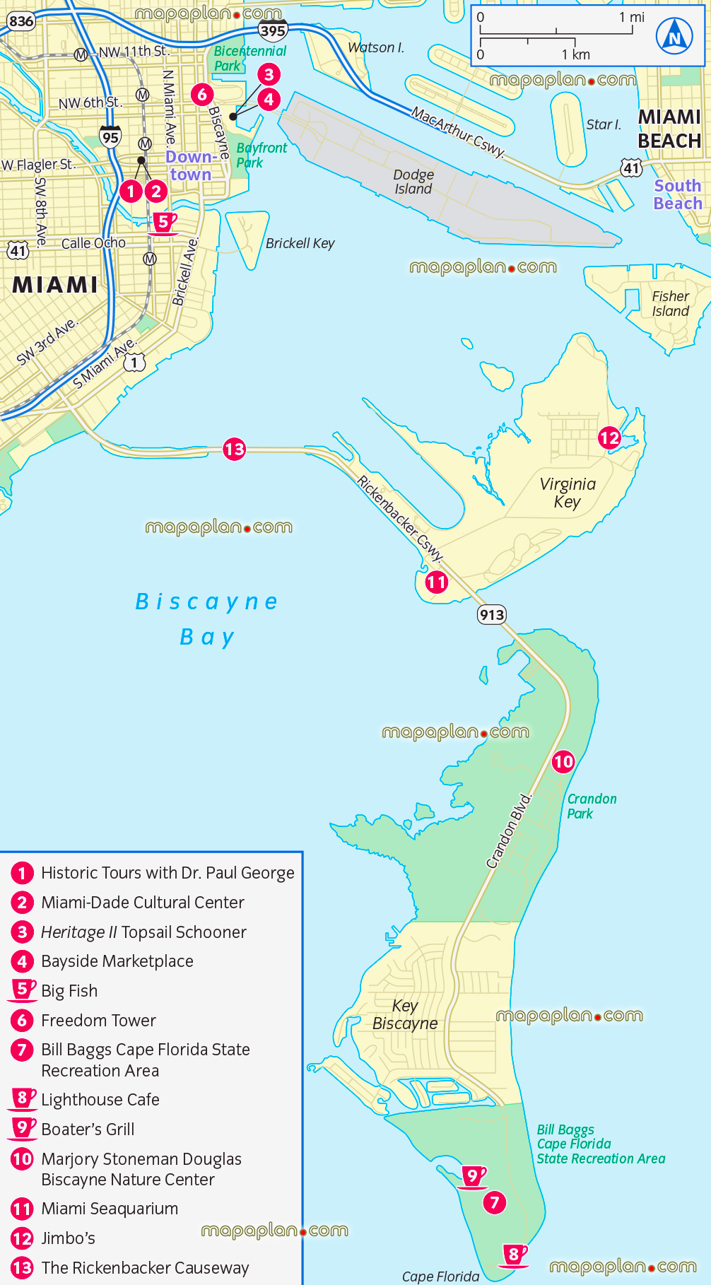 Miami key biscayne two day trip Miami seaquarium rickenbacker causeway virginia key printable attractions top spots must see iconic locations simple outline neighborhoods districts roads must see places free download layout plan