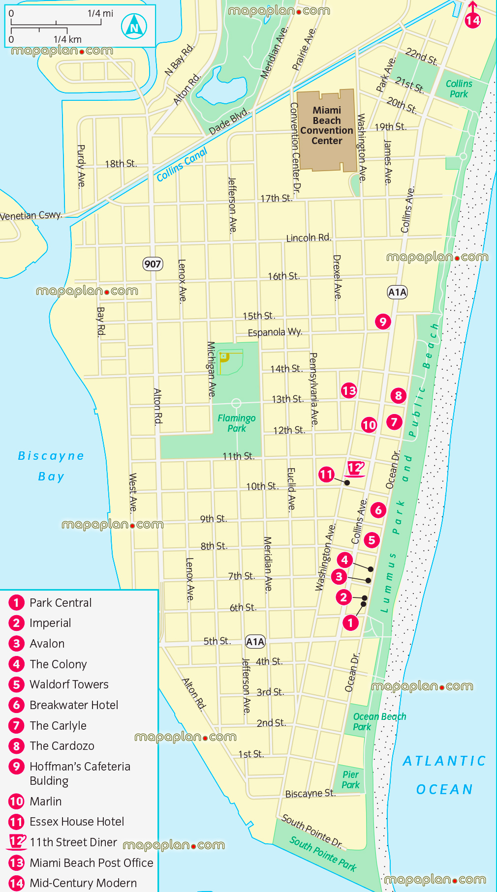 south beach ocean drive art deco district hotels locations colony waldorf carlyle cardozo Miami modern mimo new Miami detailed visitors virtual street names shopping restaurants areas