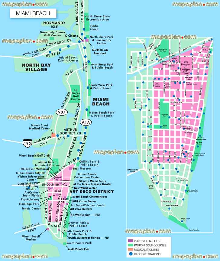 Miami south beach usa virtual interactive 3d detailed city center free printable visitors detailed tourist guide download inner old new town buildings must see sights sightseeing places interest best museums art galleries shopping