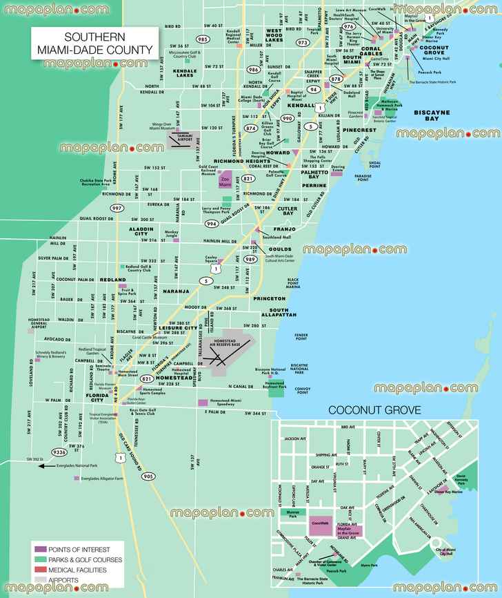 southern Miami dade county coconut grove central Miami free public transportation visitors 3d virtual interactive printable information plan download downtown destinations main points interest transport museums landmarks destinations