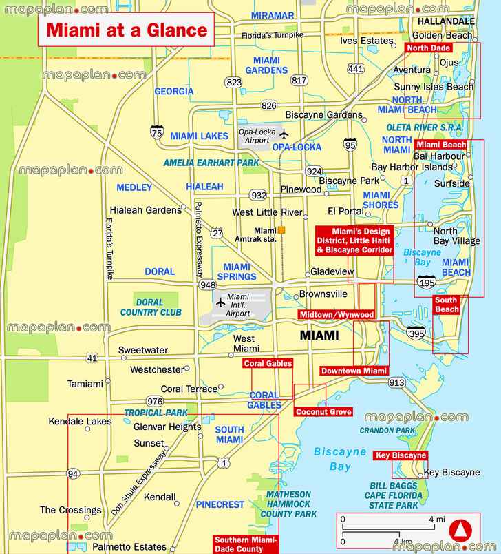 Miami city districts plan location south beach downtown coconut grove key biscayne midtown wynwood mia Miami international airport interactive virtual city centre directions sightseeing places best sights destinations visit