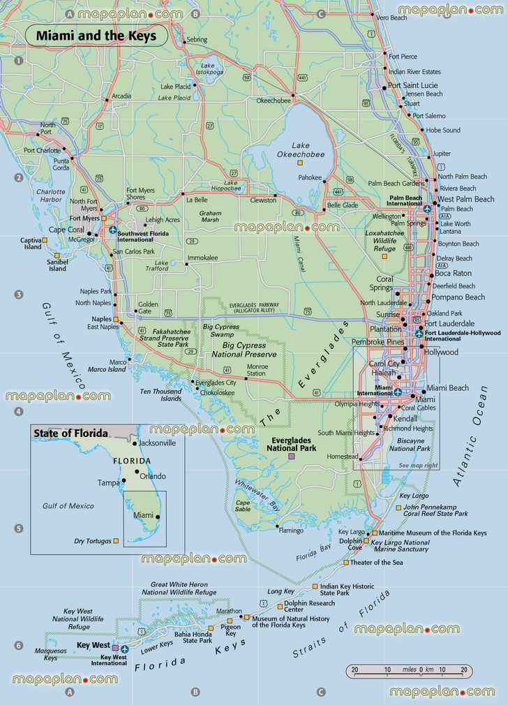 Miami florida state keys everglades gulf mexico atlantic ocean free download print trip travel guide locations major attractions great historic spots best must see sights detailed view orientation navigation directions