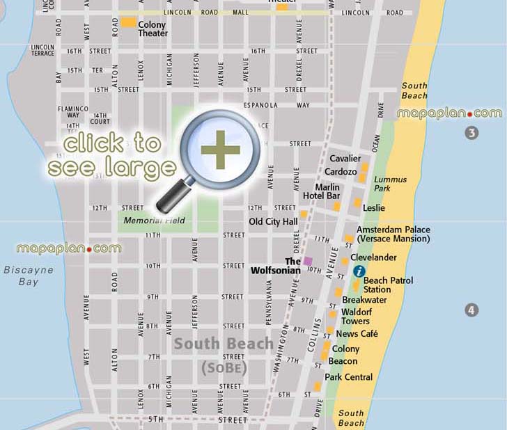 miami sobe south beach ocean drive art deco hotels detailed road around central areas driving directions famous points interest printable detailed travel visitors itinerary planner best places visit