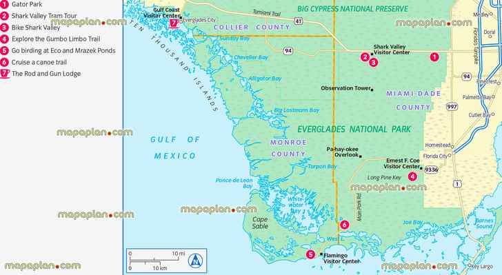 florida everglades national park detailed gator park shark valley tram tour gumbo limbo trail eco mrazek ponds canoe trail south florida Miami greater metropolitan area downloadable city break historical natural places visit plan neighbourhoods main locations visit