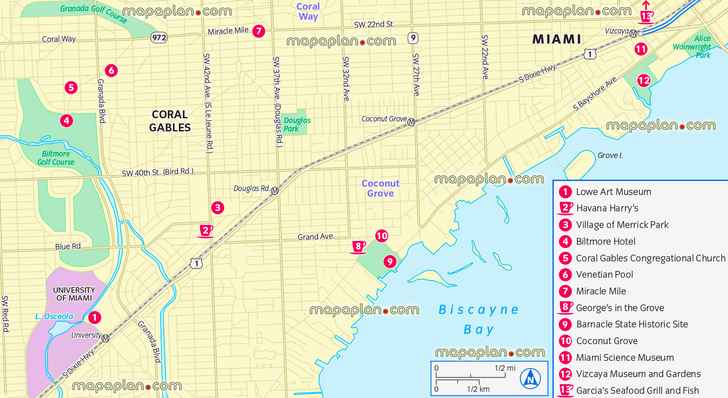 Miami three day trip coral gables lowe art museum venetian pool coconut grove science museum vizcaya museum gardens Miami free printable virtual explorer visitors plan roads popular places printable detailed interactive virtual city downloadable tourist guide visitors