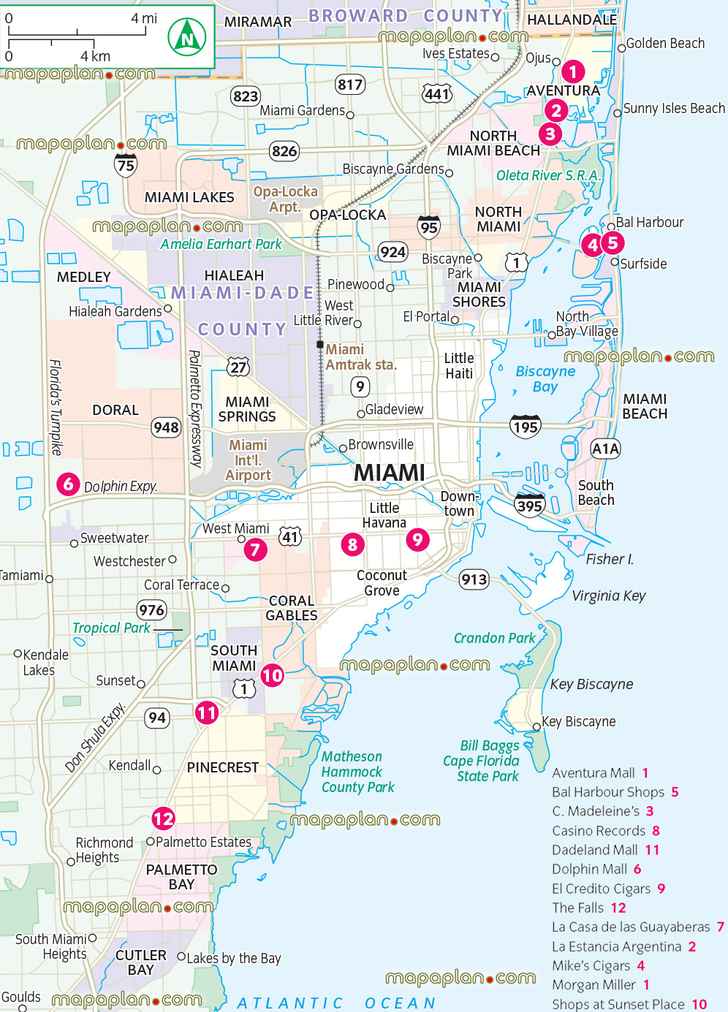 Miami metro area large districts shopping malls detailed interactive shopping suburbs zoning main district areas municipal regions jpg poster