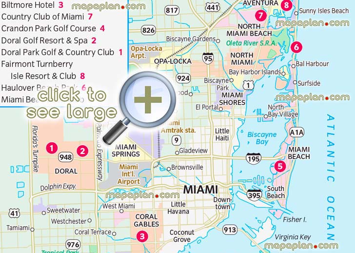 miami fl golf courses country clubs crandon doral park haulover beach visitor tour guide main districts neighbourhoods mapped a large scale plan