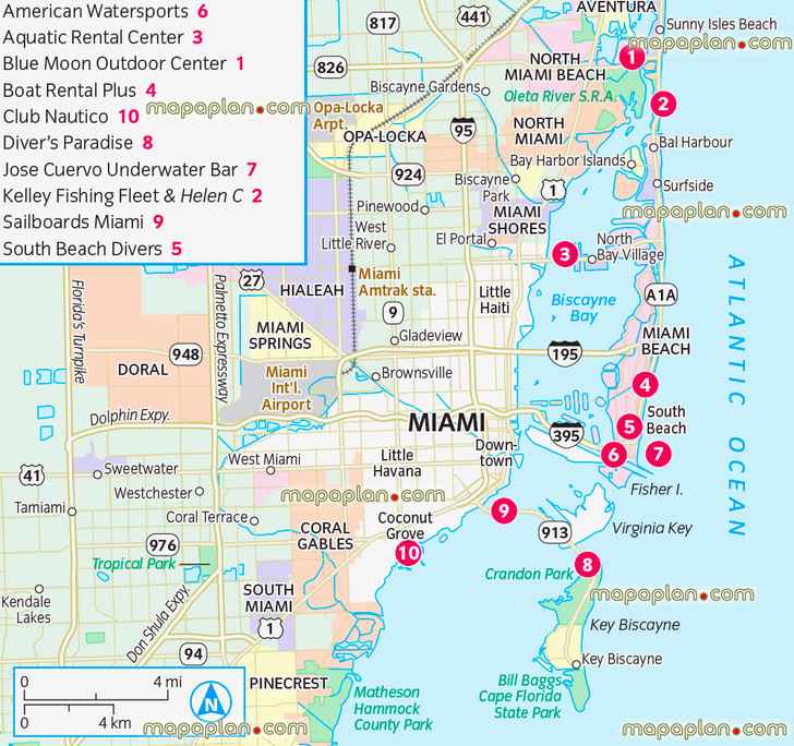 Miami outdoors watersports american divers aquatic rental club nautico free download printable detailed guide surrounding area surfing attractions roads main districts neighbourhoods Miami beach