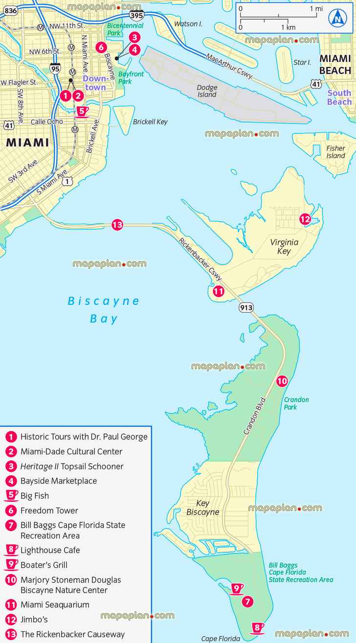 Miami key biscayne two day trip Miami seaquarium rickenbacker causeway virginia key printable attractions top spots must see iconic locations simple outline neighborhoods districts roads must see places free download layout plan