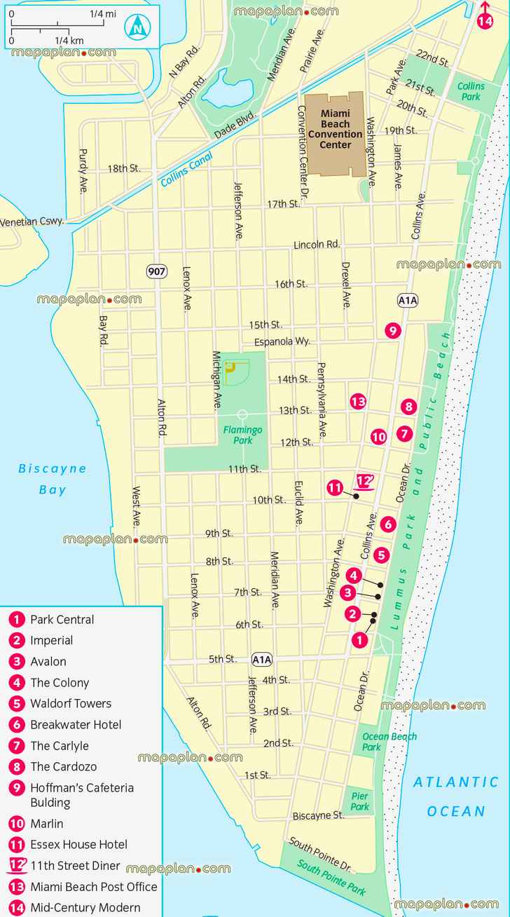 south beach ocean drive art deco district hotels locations colony waldorf carlyle cardozo Miami modern mimo new Miami detailed visitors virtual street names shopping restaurants areas