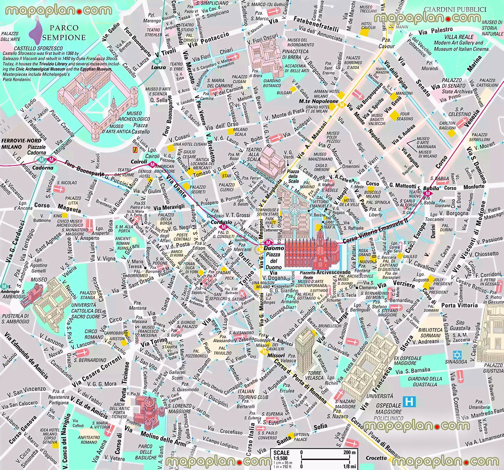 milan inner city centre top attractions detailed downloadable best historical buildings what see where go directions interesting things do guide englishs Milan Top tourist attractions map