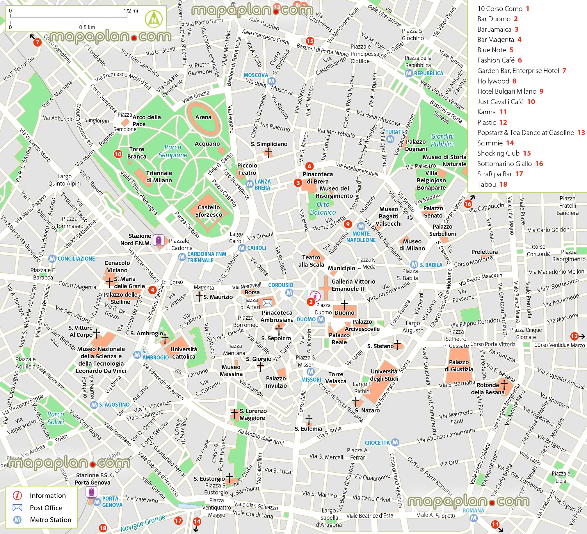 Milan top tourist attractions map - Nightlife map showing best night ...